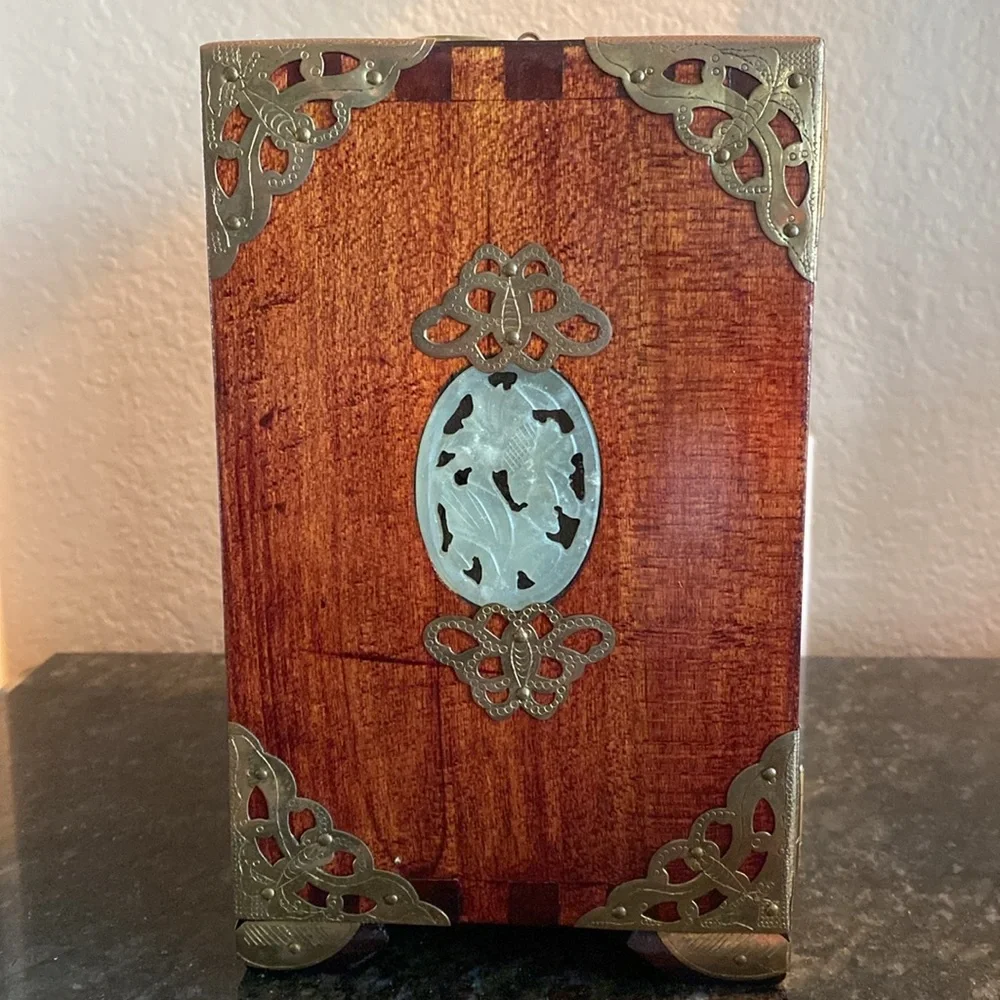Antique Chinese Rosewood Jade Inlay Brass Hardware Wooden Jewelry Box